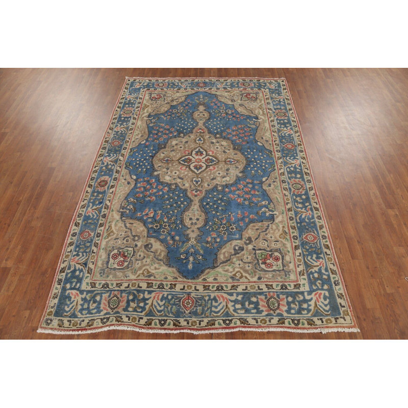 Tapis traditionnel en laine noué à la main bleu 7 x 10