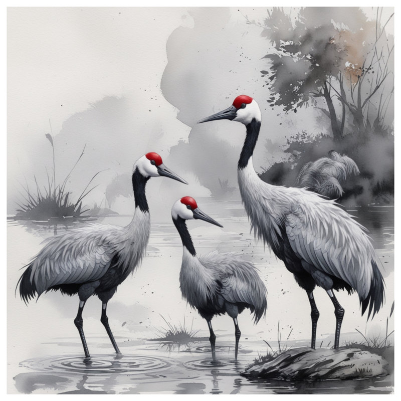 Grues dans des couvertures aquarelles, L 60 po x H 80 po