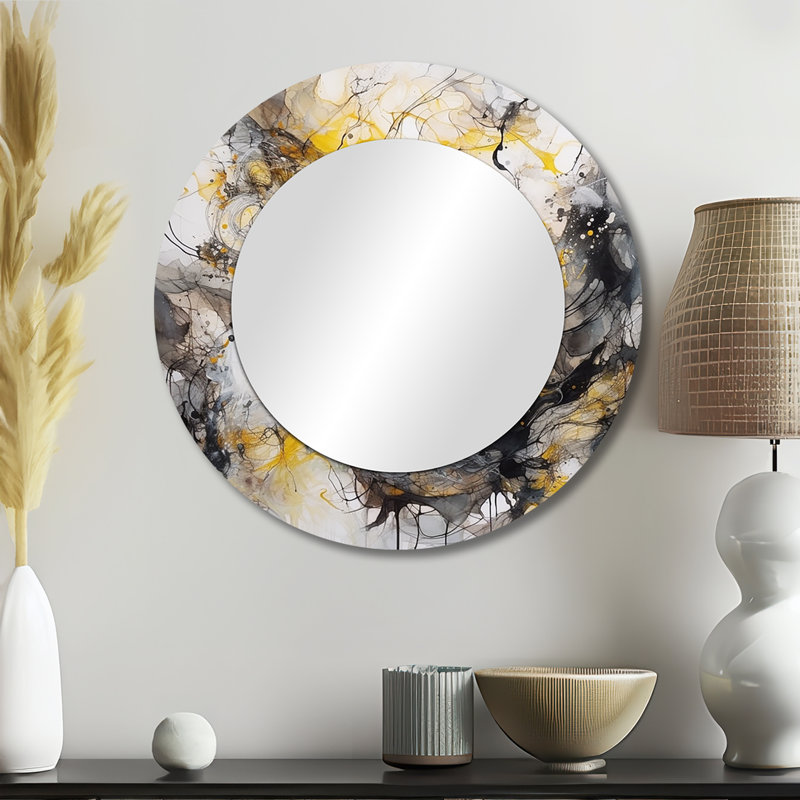 Yellow Grey Marble Symphony II - Abstract Decorative Mirror, Yellow Round Wall Mirror, Printed Metal Art, 23" x 23"