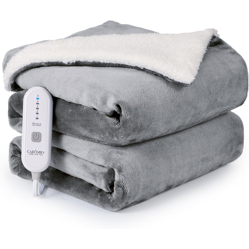 Couverture chauffante en flanelle et en sherpa épais avec 5 niveaux de chauffage et 4 heures d'arrêt automatique, Gris, Jeté