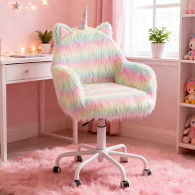 Rainbow Fuzzy Unicorn Office Chair, Plush Desk Chair With Swivel Base, Whimsical & Cozy For Playroom & Office