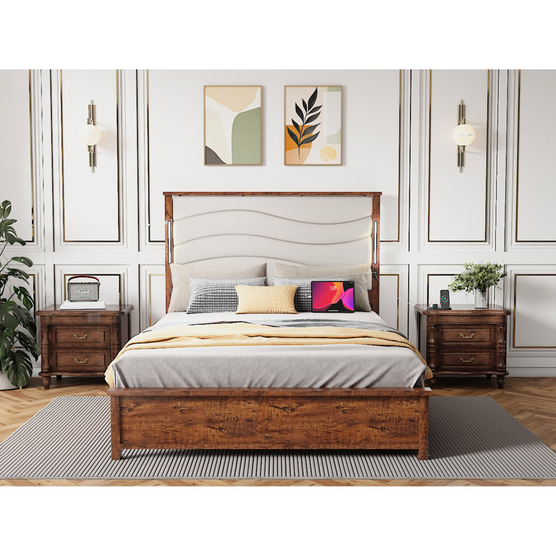 Modern Bed, Bed Frame With Upholstered Headboard,  Bed Frame With Charging Station And LED Lights, Wood Slats, Beige Linen, No Box Spring Needed, Easy Assembly