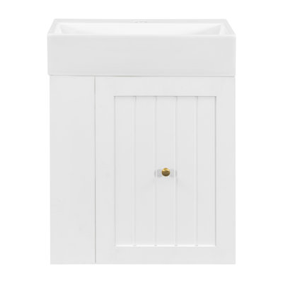 Meuble-lavabo de 20 pouces avec lavabo en céramique, armoire de rangement en panneau de fibres à densité moyenne avec tiroir, tablette latérale et poignée argentée - meuble-lavabo moderne peu encombrant pour les petites salles de bain