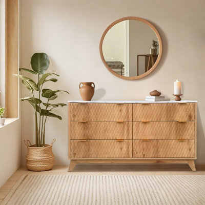Modern 6 Drawer Fluted Dresser - Faux Marble Top, Golden Metal Handles - Wide Wooden Storage Cabinet for Entryway, Bedroom, Hallway, Living Room, Oak