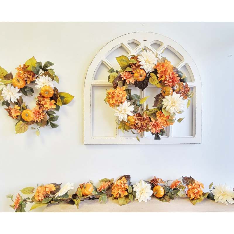 Fall Harvest Hydrangea Dahlia Pumpkin Wreath, 14" W X 14" H X 2" D