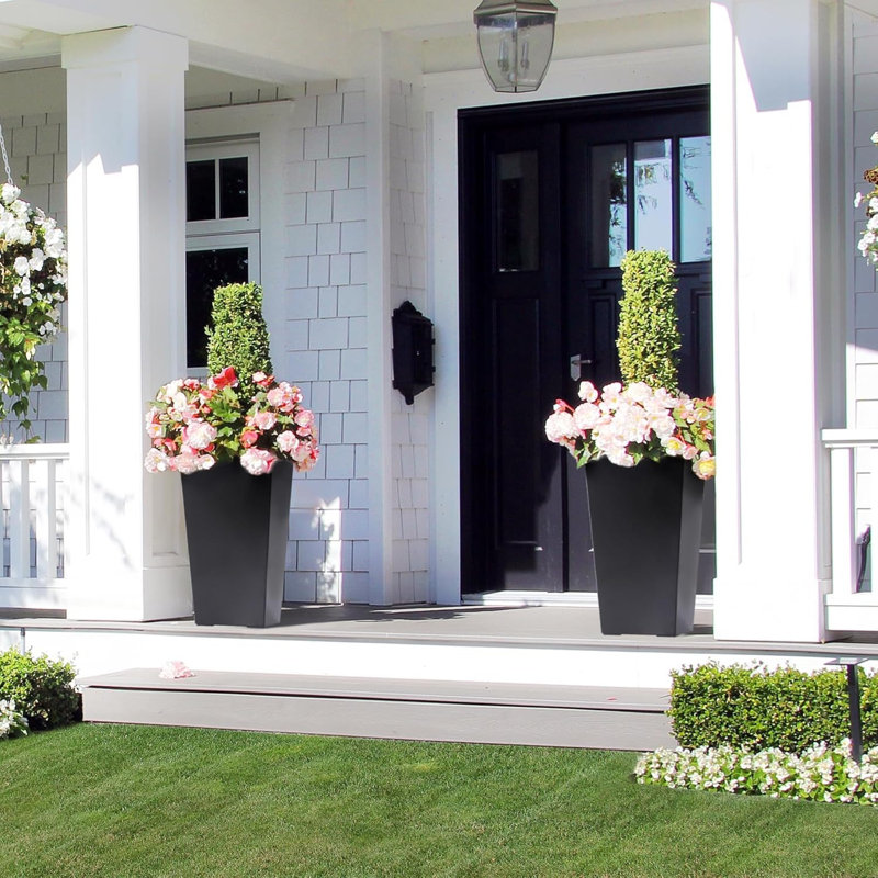 Set of 2 High Front Porch Planter with Water Level Monitor, Drainage Holes, Inner Bucket for Garden, Porch, Patio,Balck