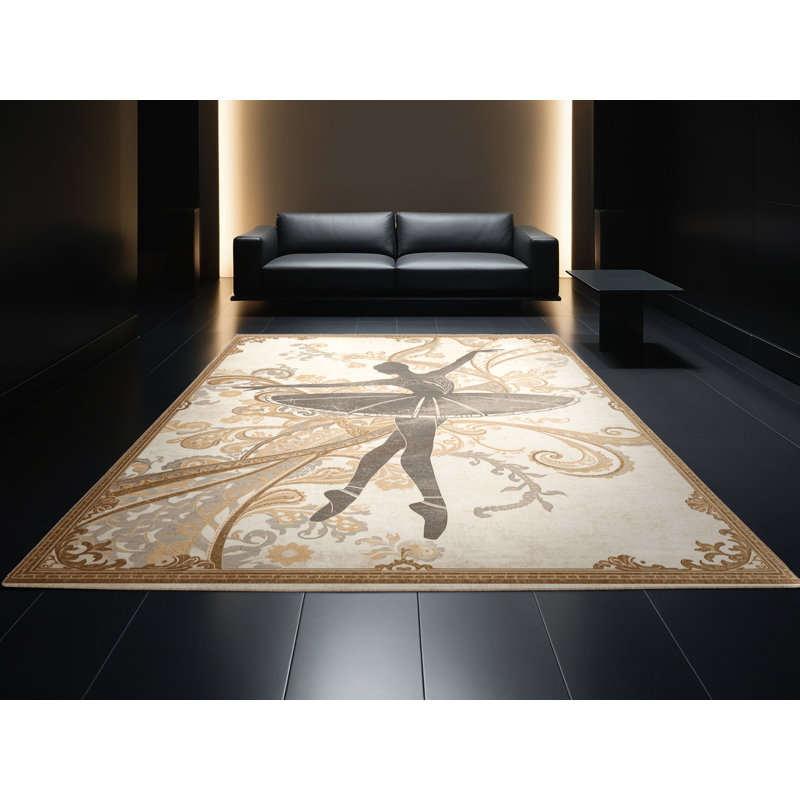 Tapis oriental classique beige lavable à la machine Osnas Ballet Dancer - Reliure beige, 8 x 10