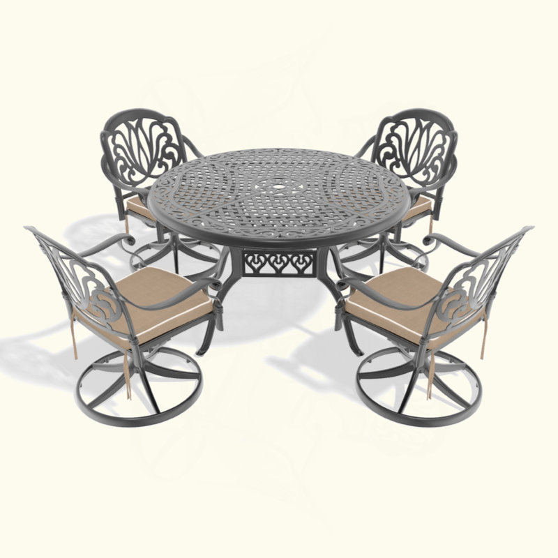 Cet ensemble de salle à manger en fonte d'aluminium toutes saisons comprend des chaises pivotantes et une table ronde avec cadre noir