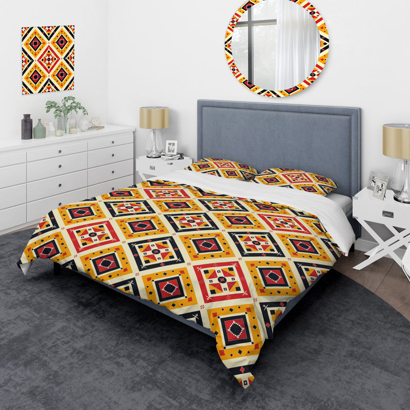 Ensemble de housse de couette Red Aztec Tiles III - Tiles, Housse de couette pour grand lit et 2 taies décor