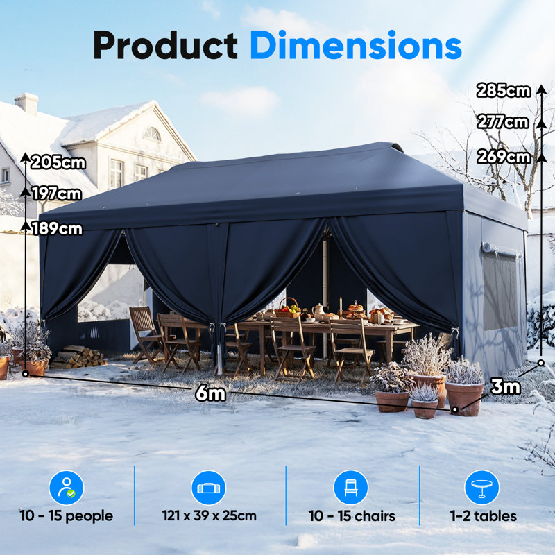Quictent 3x6m Pop Up Gazebo with Central Lock, Heavy Duty Outdoor Canopy Tent with Mesh Window Sides, Portable Event Shelter for Backyard, Parties, Camping-Grey