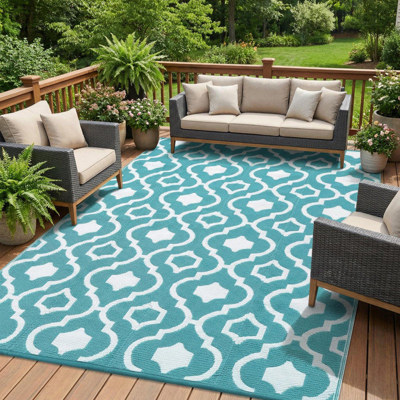 Waterproof Reversible Outdoor Rug – Lightweight Durable Plastic Straw Mat for Patio, Balcony, Backyard, Porch, Portable Area Rug – Light Blue/White, 6x9ft (183x274cm)