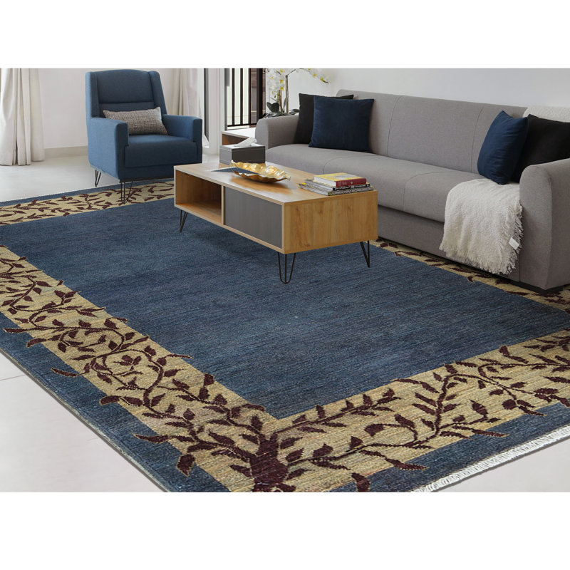 Tapis bleu et beige noué à la main de haute qualité