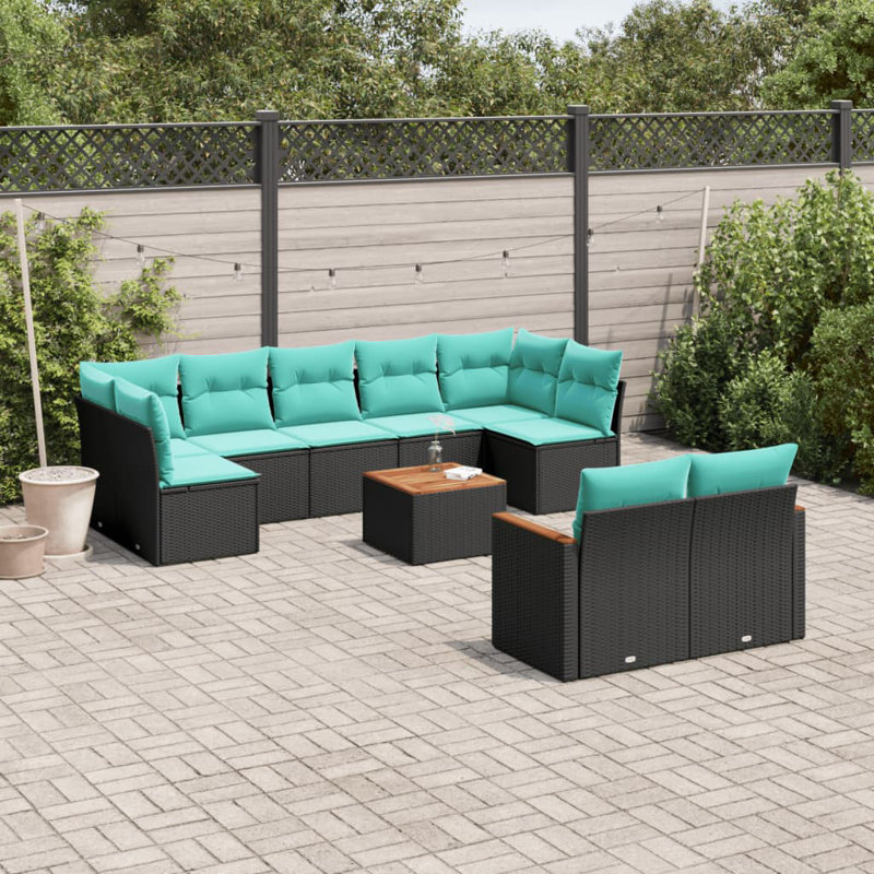 Ensemble de canapé de patio 10 pièces avec coussins en rotin de polyester, Bleu clair, Noir