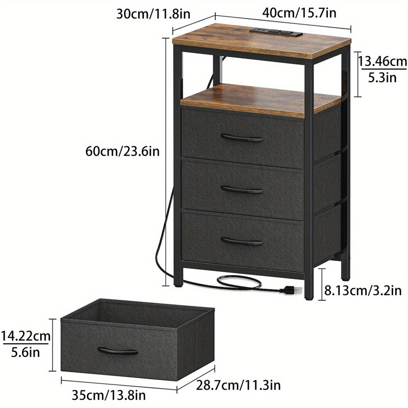 Table de chevet avec port USB et prise, 3 tiroirs en tissu, coiffeuse multifonctionnelle, Brun