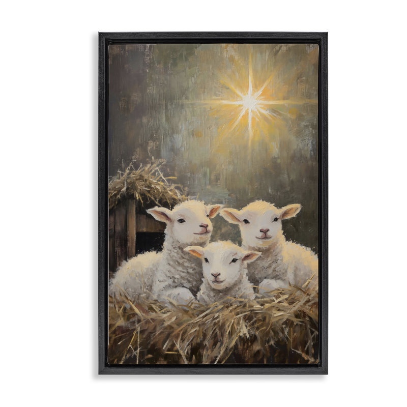 Agneaux festifs dans un cadre flottant stable, design par Petal Prints Design, Cadre flottant noir de jais, H 25 po x l 17 po