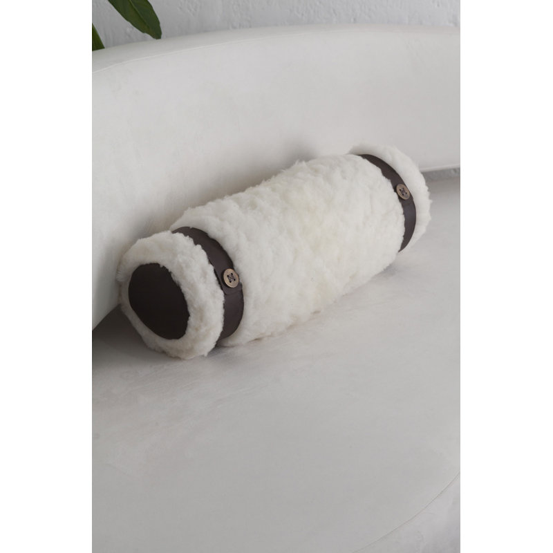 Churo Sheepskin Decorative Bolster Pillow, Bronze And Leather Details, In Stock
