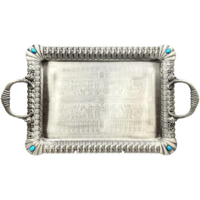TtAk HOUSEWARE Oleyar 18.5 Inch Rectangular Metal Zinc Alloy, Tray with Persepolis Takht Jamshid Design in Matt Silver, Metal Serving Tray, Gift, Ancient Design, Modern Look