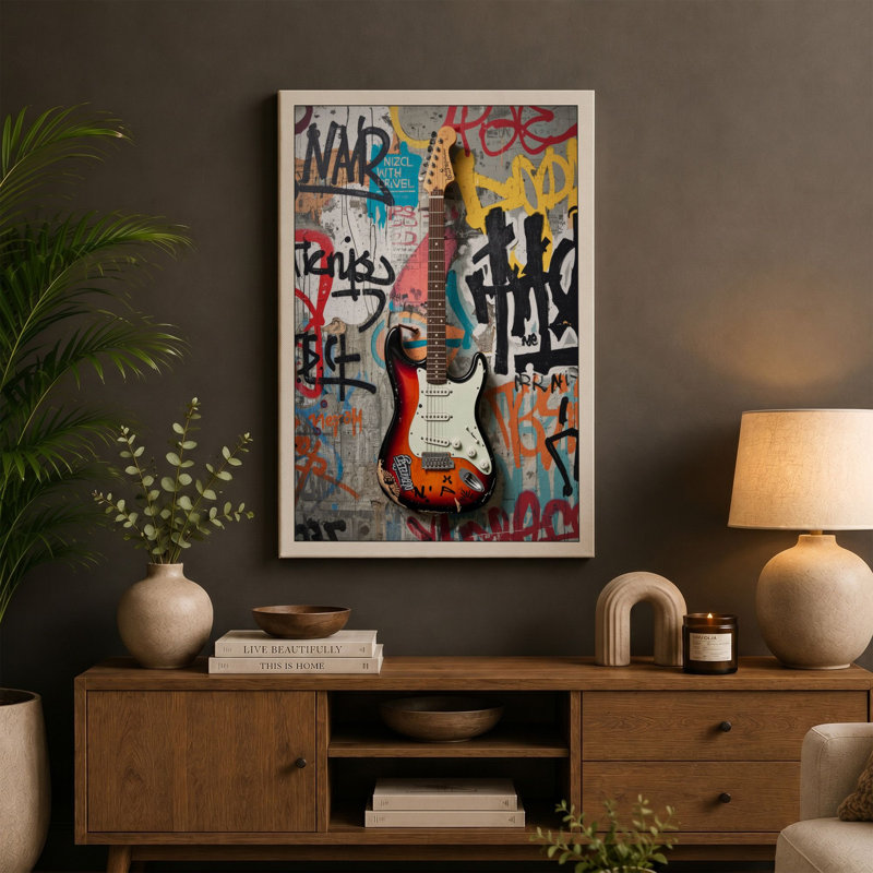 Sunburst Electric Guitar Urban Art - Wrapped Canvas, 36x24 - 91.4 x 61.0 cm, Terracotta Border
