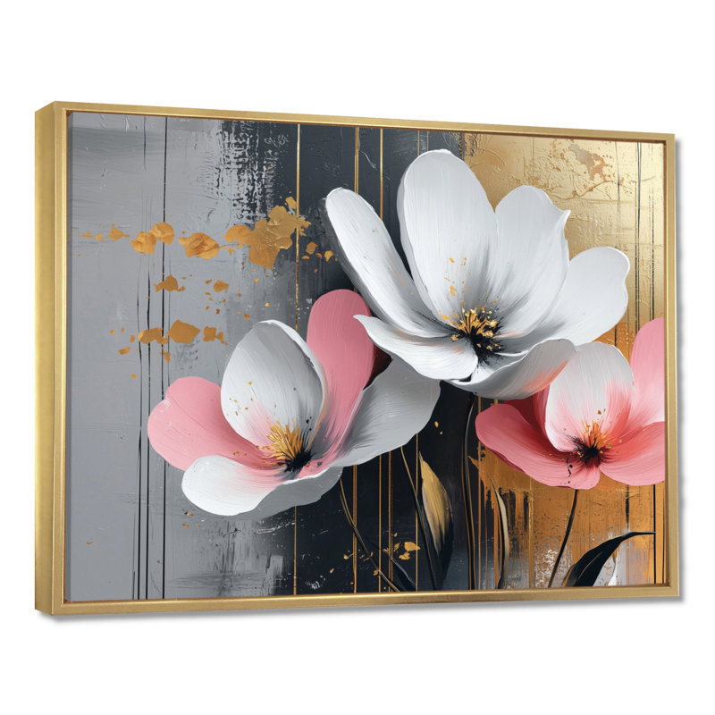 Fleurs dorées roses et dorées, H 34 po x l 44 po, Cadre flottant, Doré