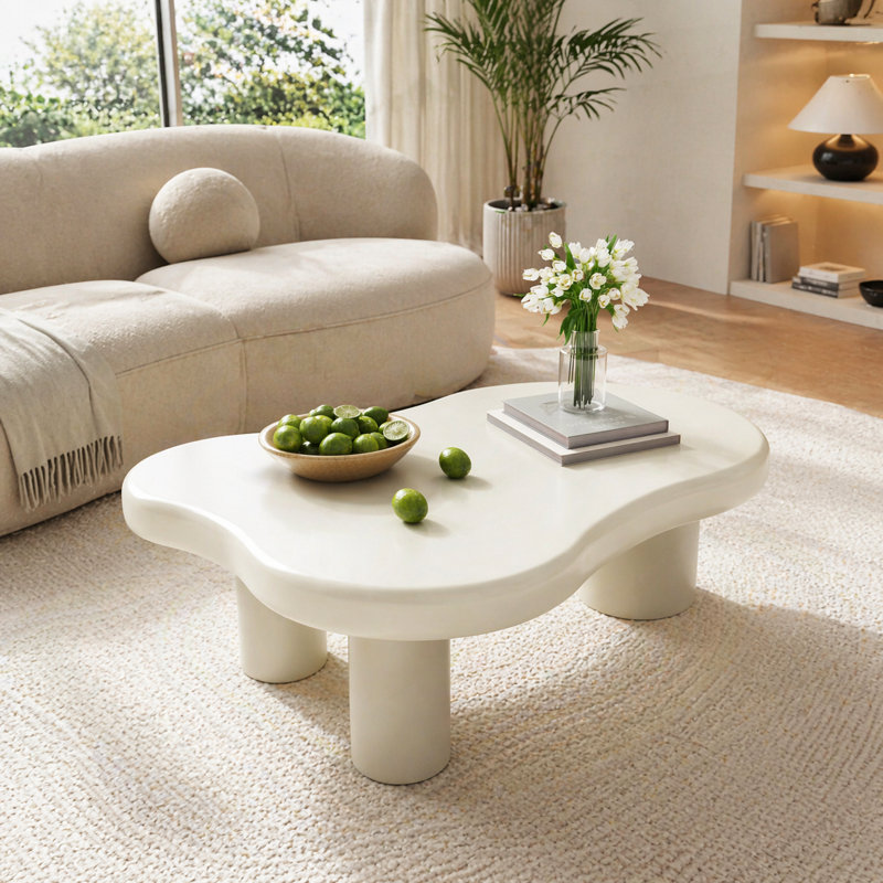 39" Nordic Cloud-Inspired Organic Shape Wooden Coffee Table, 16.5" H x 39.5" L x 27.6" W, White