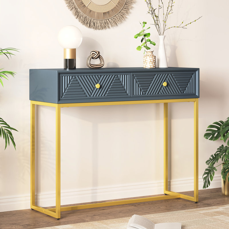 Grey Entryway Console Table With Two Drawers - , Modern Delicate Interior Style Bold Gold Base And Geometric Stripe In Drawer Storage Option, Construction, Design Diagonal Stripes