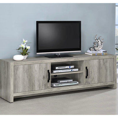 Meuble télé 71 po en bois flotté gris conifère, fabriqué en bois d'ingénierie pour une utilisation à long terme, avec deux portes et des tablettes réglables
