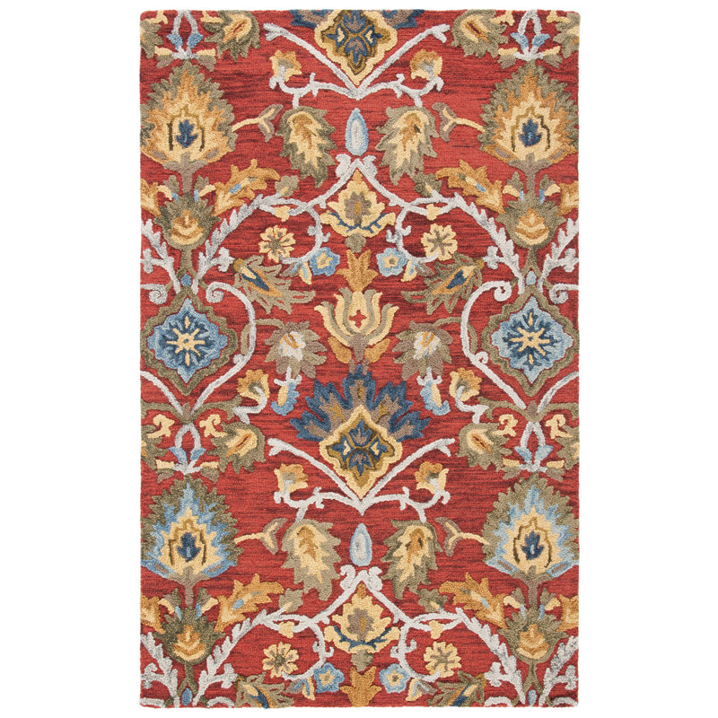 Haimes Hand Tufted Wool Floral Rug, Rectangle 6' x 8', Red/Orange