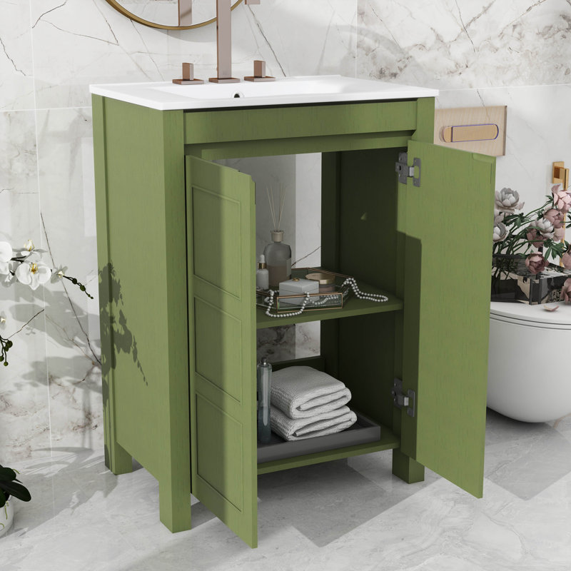 Petit meuble-lavabo de style rétro 24 po, équipé d'un lavabo en céramique, de 2 portes à fermeture douce et d'une tablette réglable