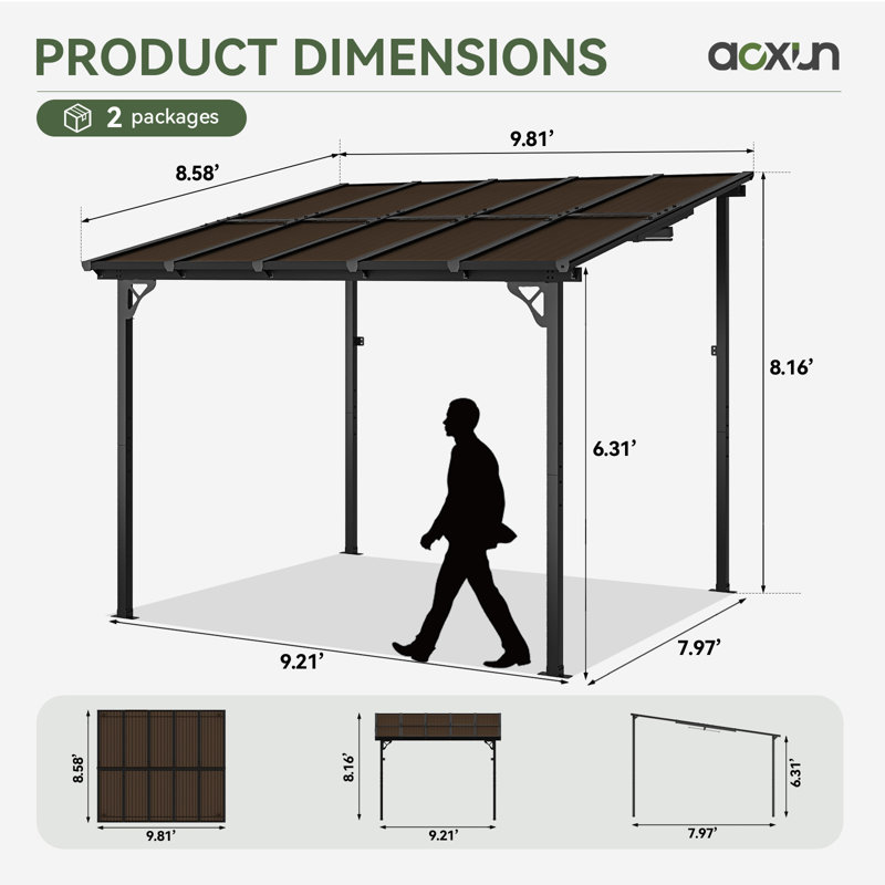 8 pi L 10 pi. Pergola en métal avec auvent, H 97,91 po x l 117,72 po x P 102,95 po