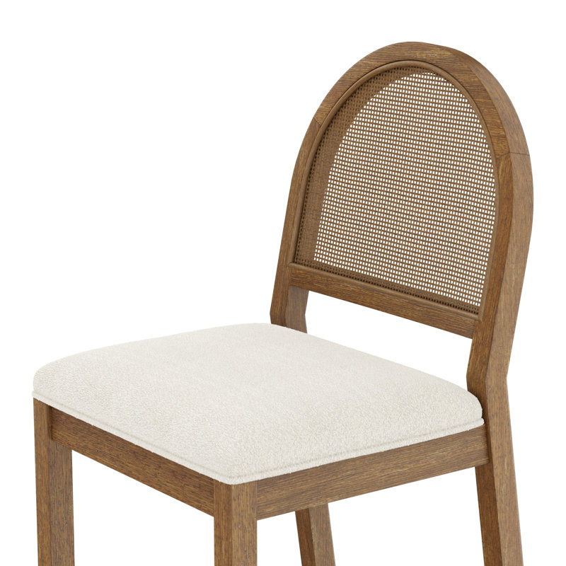 Tabouret court rembourré avec dossier en rotin tissé Boucle, Crème / brun clair, 1