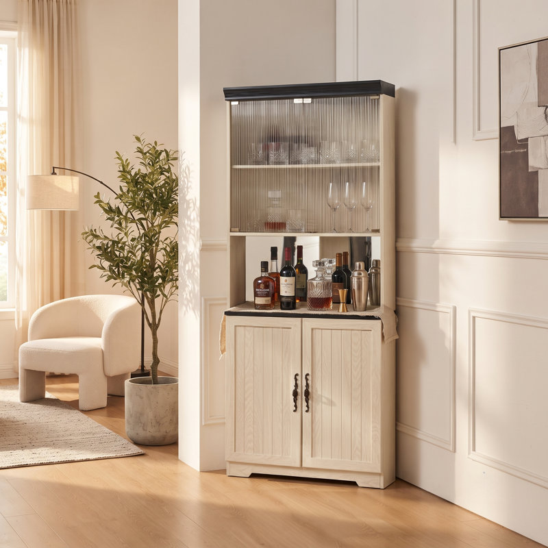Armoire de rangement de 70,86 po de hauteur avec portes en verre trempé, dossier en miroir, tablettes réglables et vitrine à 5 niveaux pour le salon et la cuisine