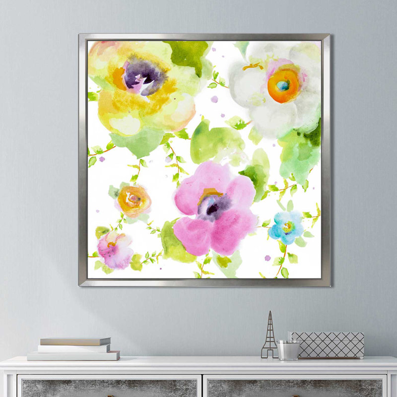 «Rosy Vines I», reproduction de peinture à l'aquarelle, H 39,5 po x l 39,5 po x P 2 po, Cadre flottant argent
