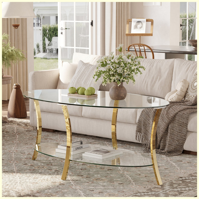 Table basse 43,3 "moderne ovale en verre avec double tablette en verre et pieds en métal doré, Transparent / doré