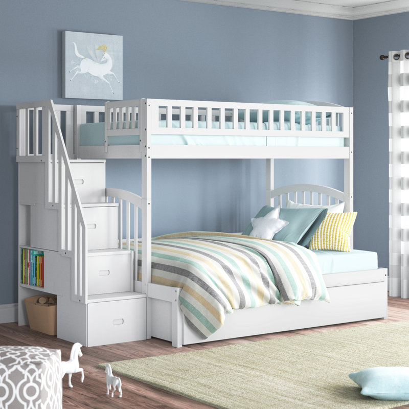 Jaxson Kids Solid Wood Staircase Bunk Bed with Roll Out Trundle, White, Twin Over Full