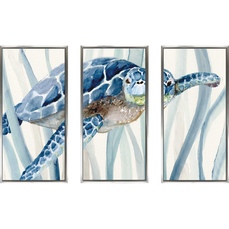 «Turtle In Seagrass I» par Nan, reproduction de 3 pièces sur toile flottante, H 33,5 po x l 52,5 po x P 2 po