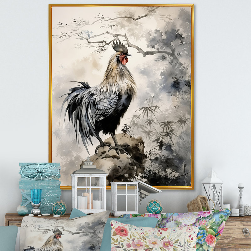 Aymie Asian Art Rooster Sumi I sur impression sur toile, H 20 po x l 12 po x P 1 po, Cadre flottant doré