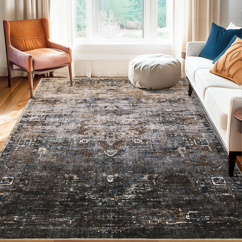 Tapis oriental antidérapant avec envers en caoutchouc pour salle de séjour, Rectangle 5 pi x 7 pi