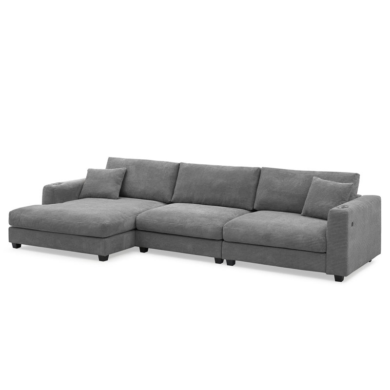 134*54" Oversized Corduroy Sectional Sofa,L Shaped Cloud Couch With USB Charging Port,Cup Holder,Deep And Wide Seat Sofa With 50" Chaise,Comfy Indoor Furniture For Living Room,3 Colors
