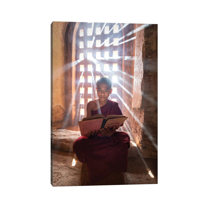 Burmese Novice Monk Reading a Book in a Temple, Bagan, Myanmar 1 Piece Wrapped Canvas Wall Art, 20.32 cm H x 30.48 cm W