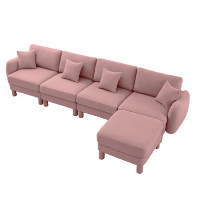 Boucle Fabric Sectional 2-Seater Loveseat Sofa Couch With Distinctive Shell-Shaped Armrests And Removable Ottoman,Cylindrical Legs Wrapped With Self-Fabric,Dark Grey  Color
