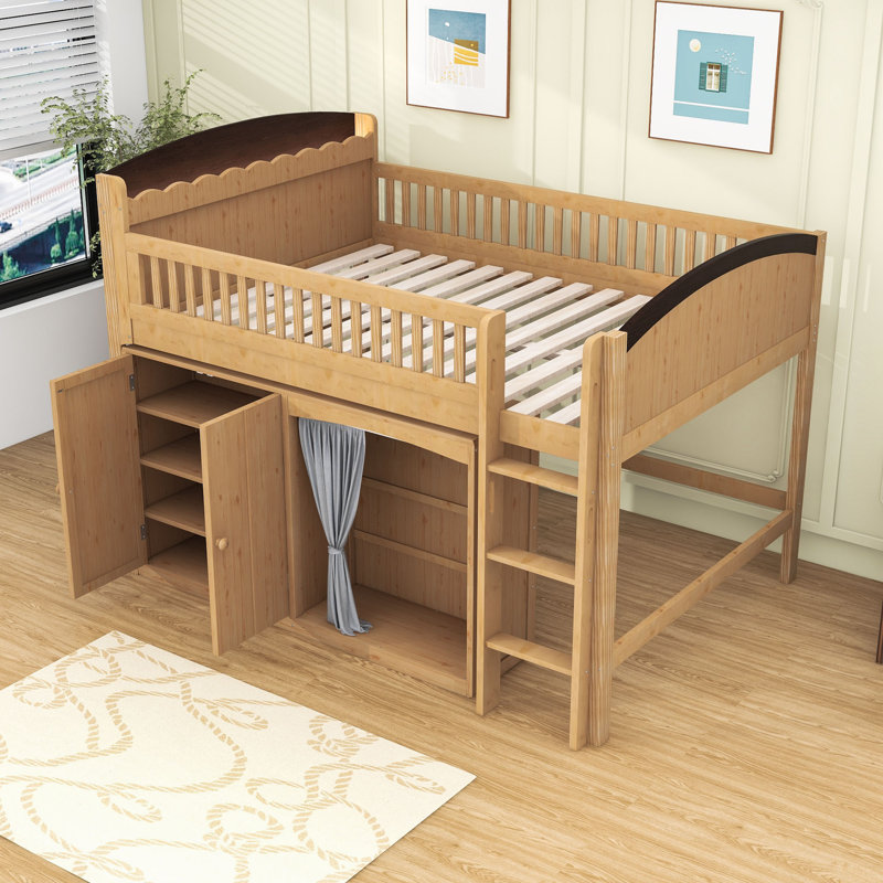 Loft Bed with Cabinet, Wardrobe and LED, Full, Wood/Espresso