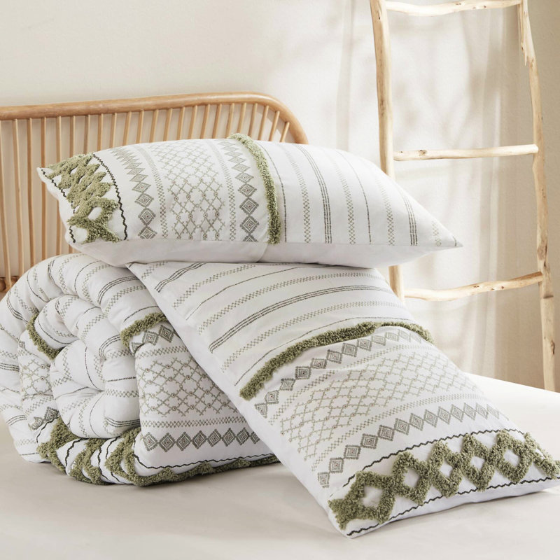 3 édredon en coton chenille double / grand, sauge / couleur, imprimé d'inspiration mondiale et taies décoratives assorties avec chevauchement de dos