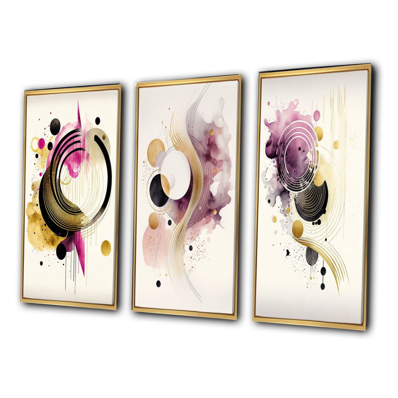 «Colorful Circular Abstract», 3 pièces sur toile, Or, H 28 po x l 36 po
