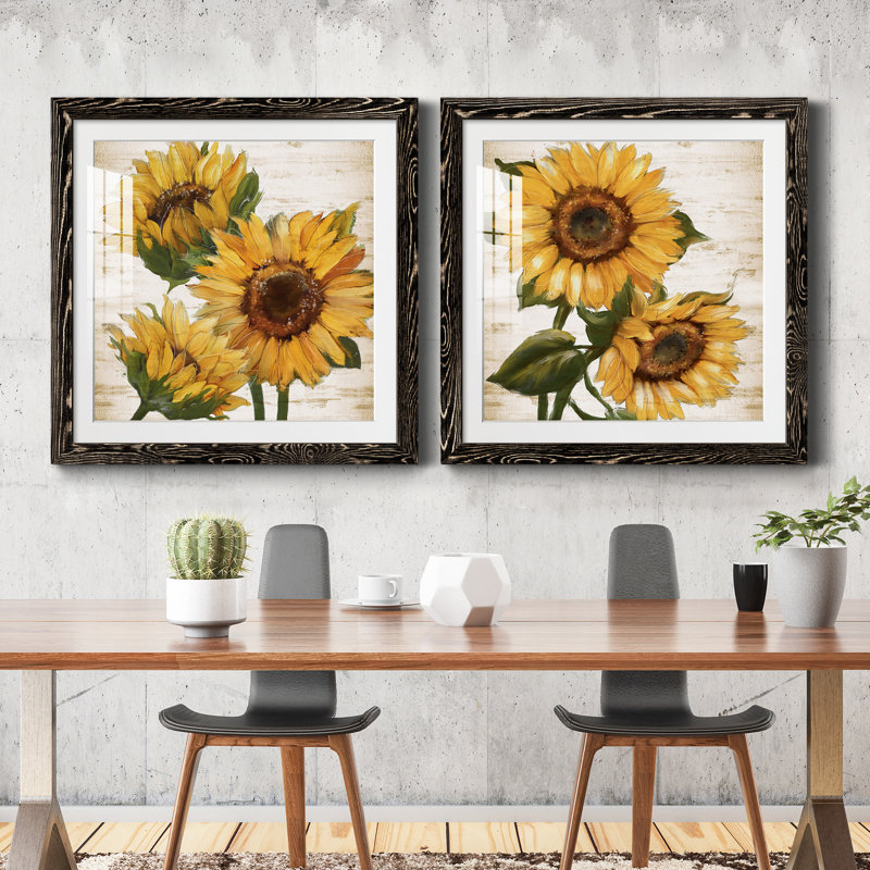 Tournesol d'été I - ensemble de 2 peintures, H 20 po x l 40 po, Papier dans un cadre photo, Noir