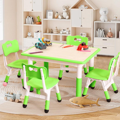 Kids Table and 4 Chairs Set 32 in Height Adjustable Toddler Table and Chairs Set with Non Slip Desk Legs and Organizer Graffiti Desktop Preschool Activity Art Craft Tables Green