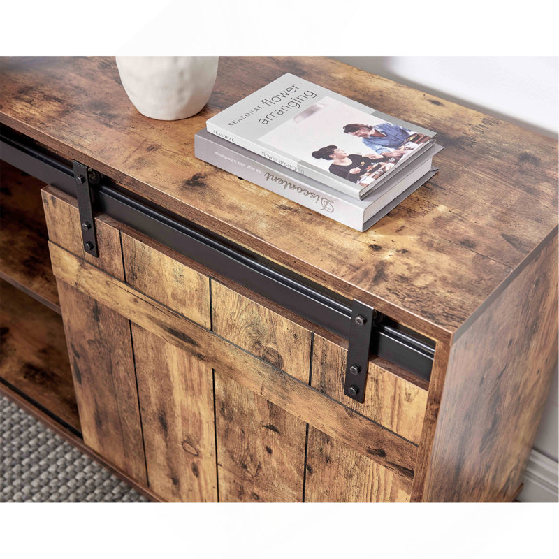 Desk L-Shaped Workstation Home Office Attached Storage Credenza Sliding Barn Door Finished On The Back Reversible Distressed Wood (Not Including Office Chairs)