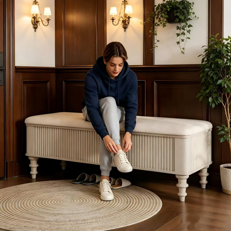 Banc de rangement avec repose-pieds en bois d'hévéa massif de 50,8 pouces avec siège en lin, banc de rangement pour chambre à coucher