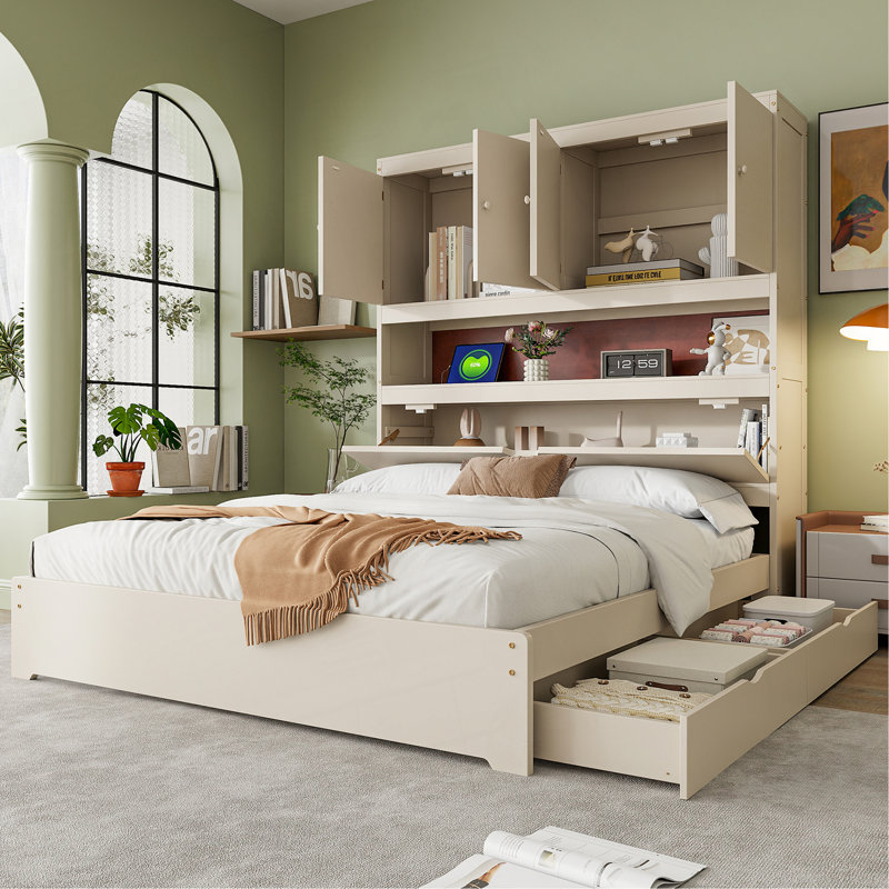 Lit plateforme double en bois pleine grandeur avec plusieurs options de rangement et ports USB pour un confort ultime