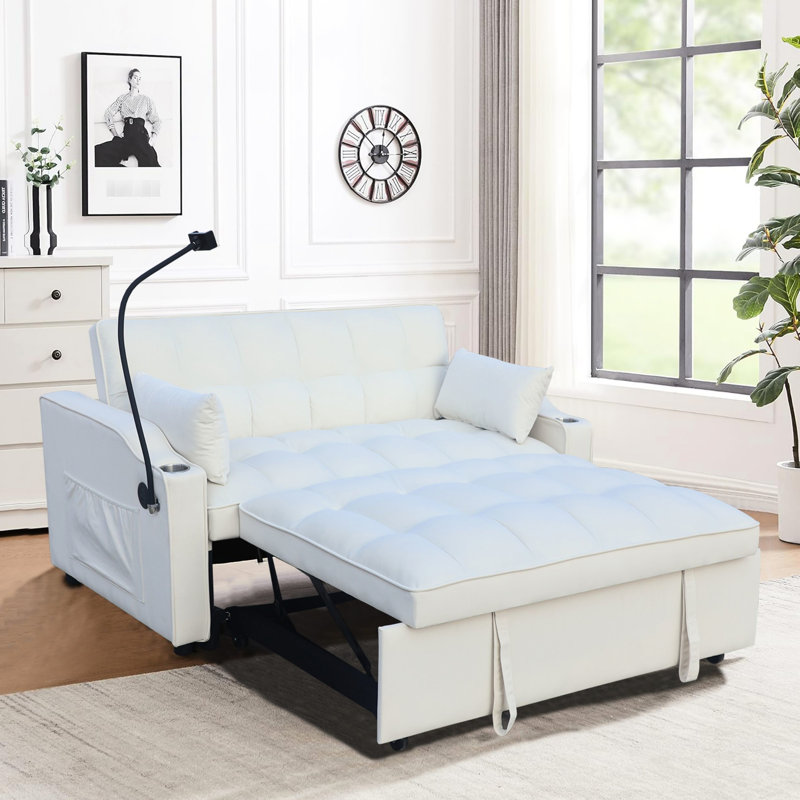 Causeuse moderne en velours beige, canapé-lit convertible 3 en 1, inclinable réglable, coussins décoratifs, poches, facile à nettoyer et à entretenir, comprend 2 supports de téléphone à chargement doux, lit double pour bureau