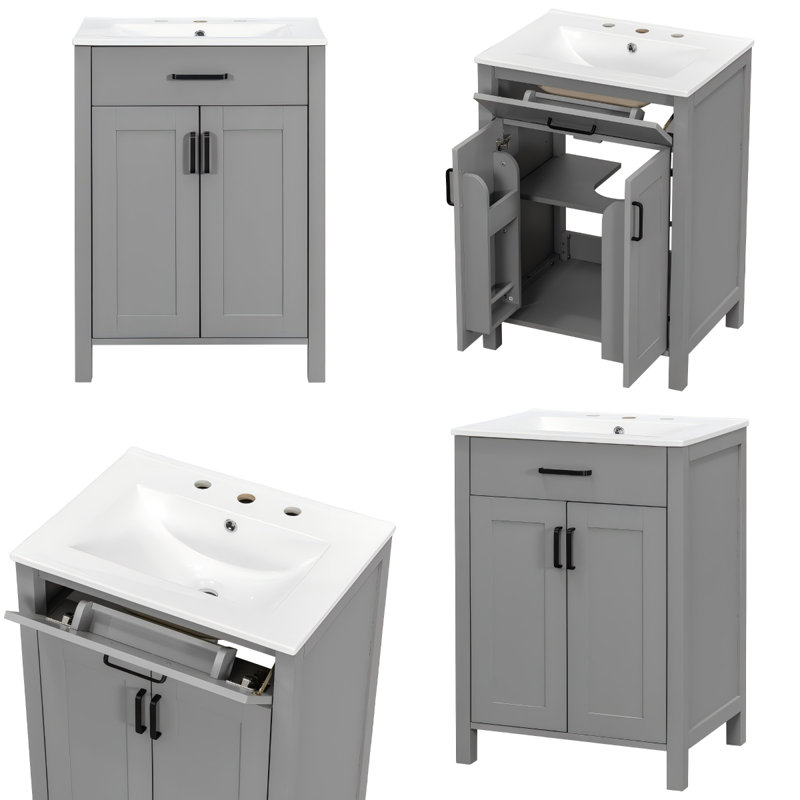 Meuble-lavabo gris 24 po avec lavabo en céramique, portes à fermeture en douceur et rangement compact, Gris / Noir